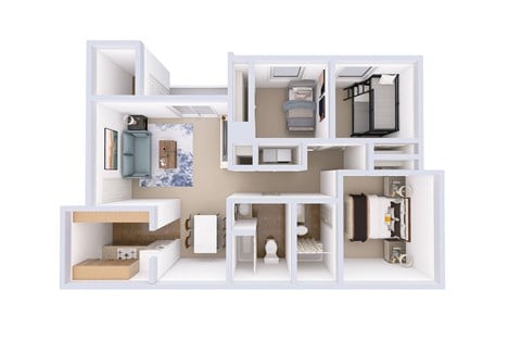Floor plan for 3 beds, 2 baths, 1057 sqft
